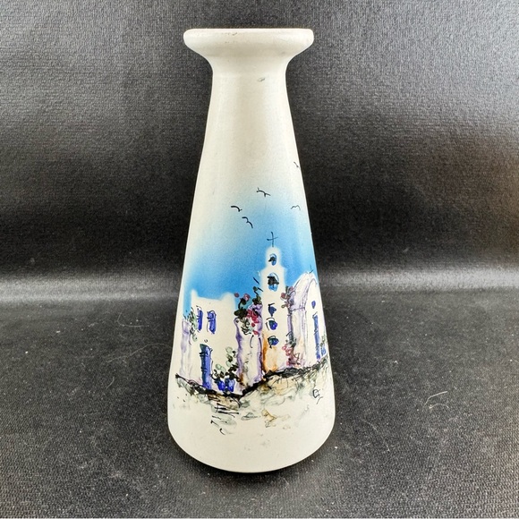 Other - Ceramic White Vase Hand Painted In Greece Seaside Village